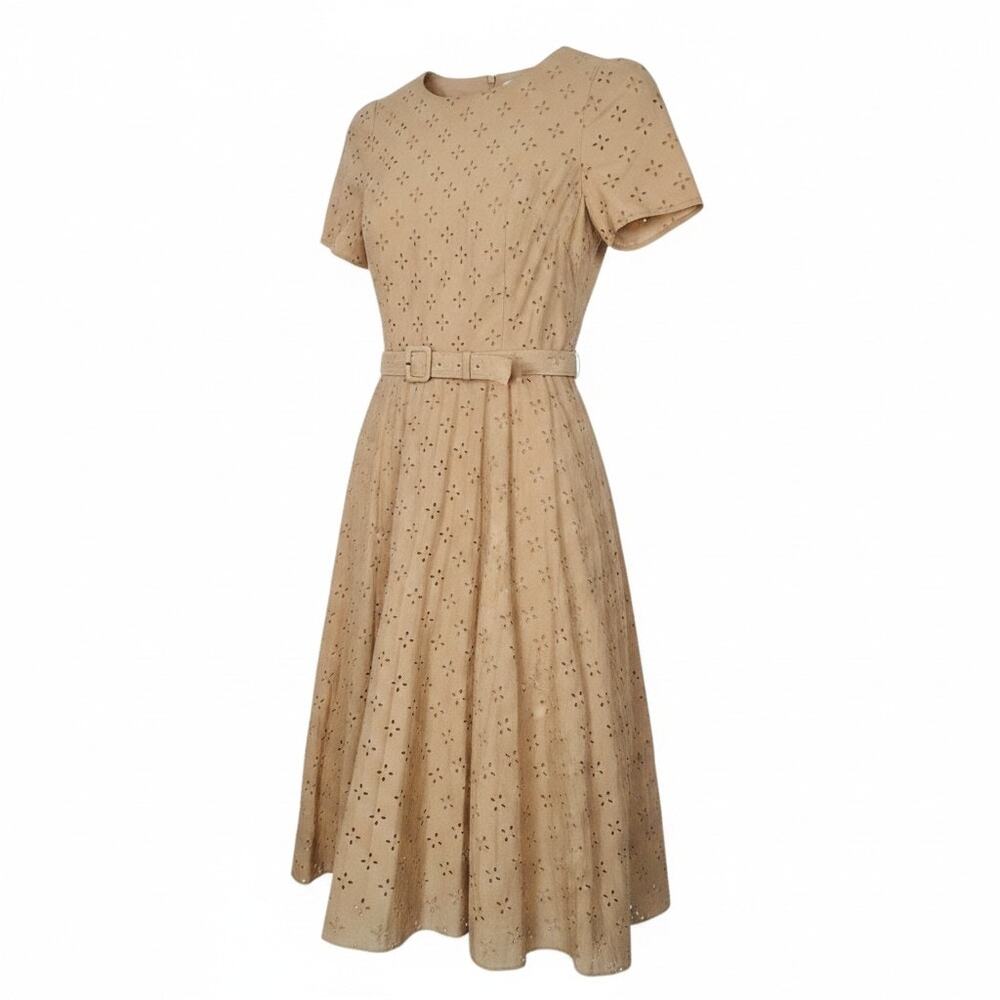 Ann Taylor Women's Size 4 Tan Eyelet Fit & Flare Pleated Belted Dress Neutral